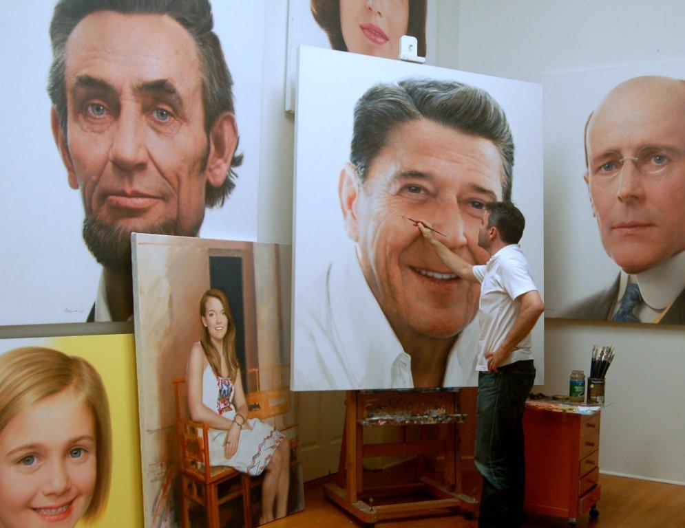 Rossin in Studio, Rossin Fine Art, portrait artist, Portrait Commissions, official, presidential, painting, portfolio, fine art, museum-quality portraits, Smithsonian National Portrait Gallery, bronze sculpture, group portrait, family portrait, Commanders in Chief painting