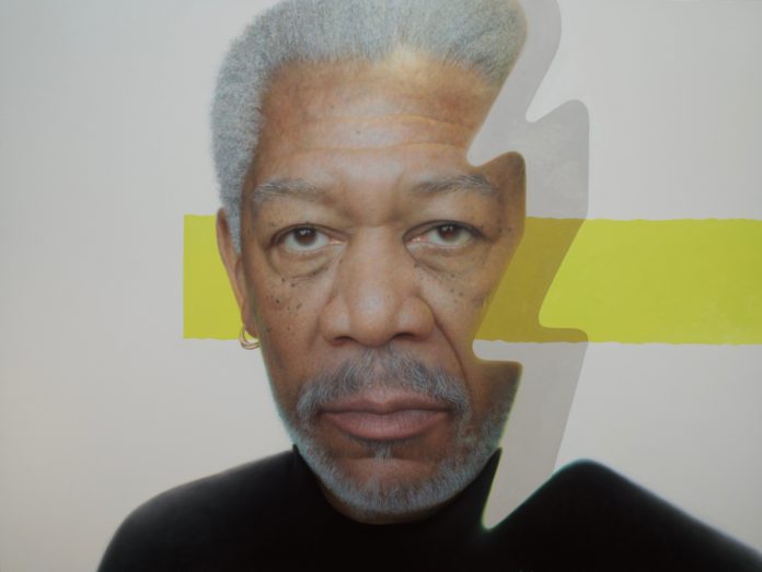 Ross Rossin, “Morgan Freeman,” 2020, oil on canvas, 72 x 96”