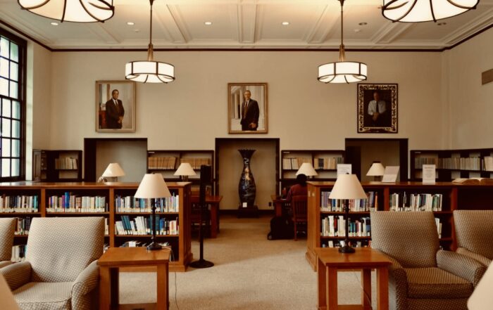 Portraits by Ross Rossin in the Ahmanson Reading Room in the Mary Norton Clapp Library